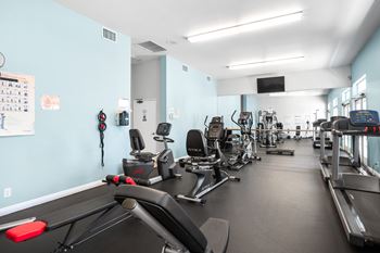 A gym with treadmills, exercise bikes, and other equipment.
